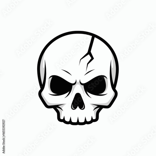 Stylized angry human skull illustration with black outline dark eye sockets and a prominent crack on the cranium on a white background