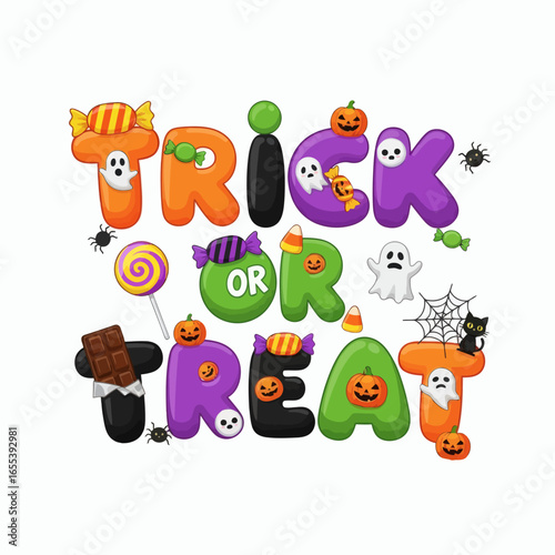 Vibrant TRICK OR TREAT bubble letters adorned with ghosts pumpkins spiders candy and a black cat