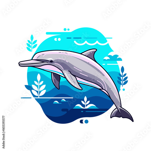 Professional vector art of an Irrawaddy dolphin in clean, modern style with vibrant colors, capturing its grace and protected status in an abstract aquatic environment.