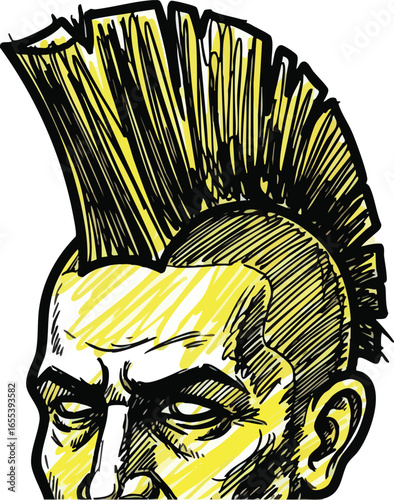 A stylized illustration of a person with a prominent, spiky, yellow mohawk hairstyle, looking forward.
