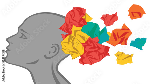 Overwhelmed Mind Gray Head with Colorful Crumpled Paper Explosion.