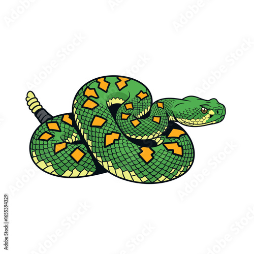 Striking vector illustration of a protected rattlesnake in modern minimalist design with vibrant colors and sharp lines, capturing its coiled form in an artful way.