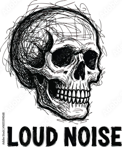 A rough, sketchy illustration of a human skull with a distressed, scribbled texture, accompanied by the bold text "LOUD NOISE" below.