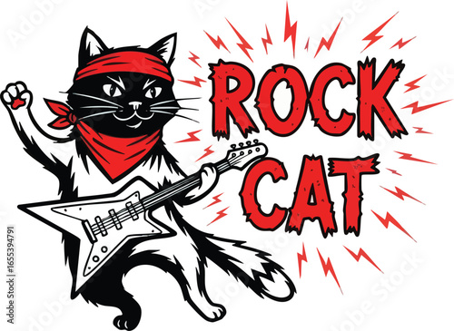 A cool cartoon black cat wearing red bandanas, playing an electric guitar, with "ROCK CAT" text and lightning bolts.