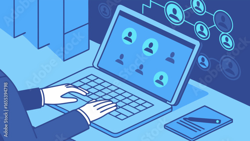 Person Using Laptop with Social Network Icons.