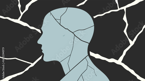 Profile of a Cracked Head Abstract Mental Health Illustration.