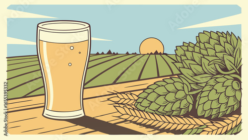 Vintage Beer Illustration with Hops and Wheat.