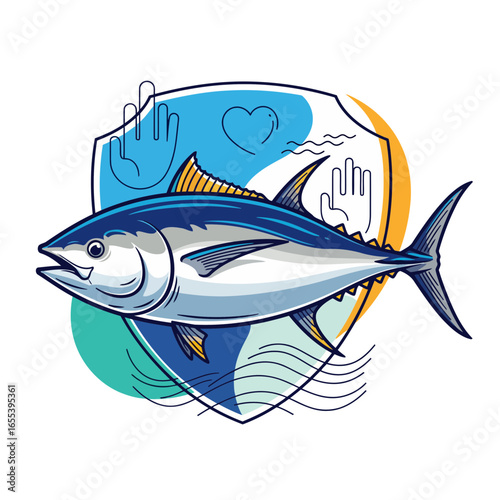 A vibrant vector illustration of a tuna with sharp lines and bold colors, symbolizing protection and care for this endangered marine species.