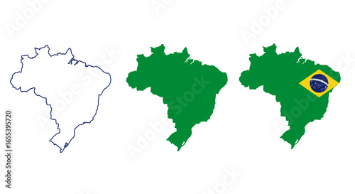 Brazil Map Illustrations: Outline, Solid Green, and Flag Integration Presentation