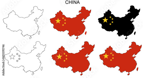 Detailed map of China with variations in color and flag representation vector