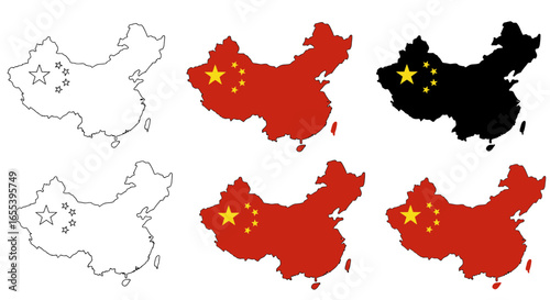 China map icons, country outline silhouette and flag vector illustration set