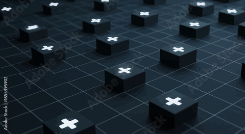 Dark grid with glowing plus signs on cubes, a conceptual design artwork