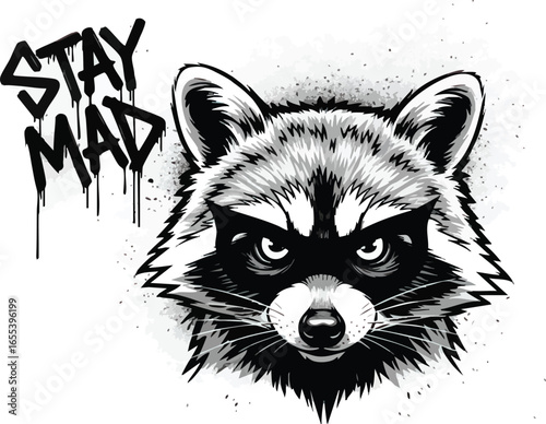A detailed black and white illustration of a raccoon head with intense eyes, accompanied by the dripping text "STAY MAD".