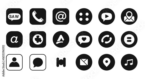 Collection of minimalist black and white communication and social media icons