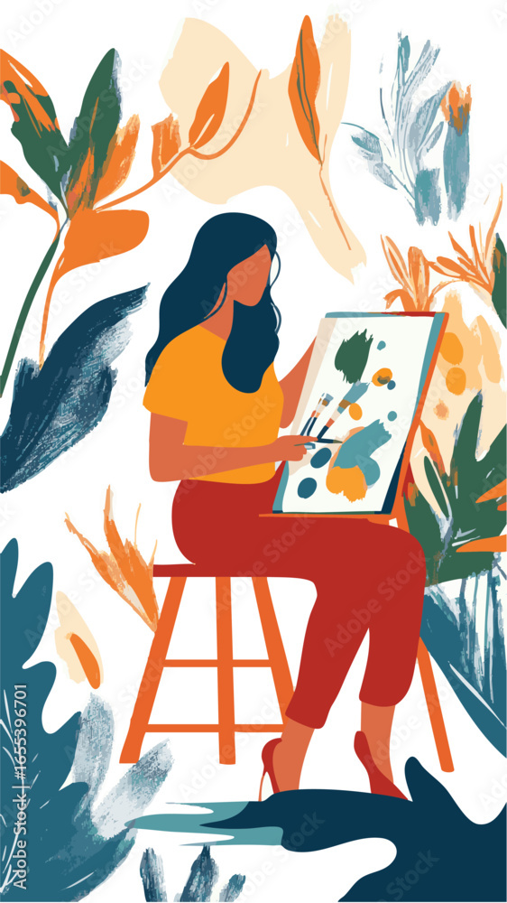 custom made wallpaper toronto digitalvector flat color Woman painting surrounded by nature