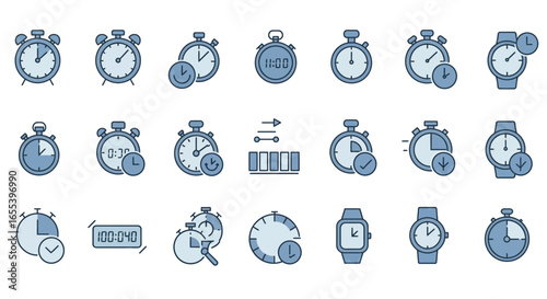 Collection of time management icons in simple and modern style featuring clock faces