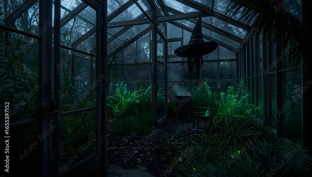 Fototapeta premium Interior view of a greenhouse with glowing plants, a table, and a witch's hat, creating a mystical atmosphere.