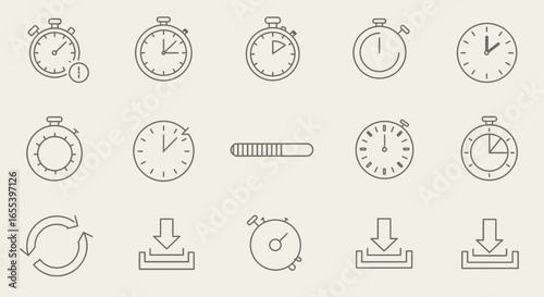 Collection of minimalist line art icons related to time, loading and download, various clocks