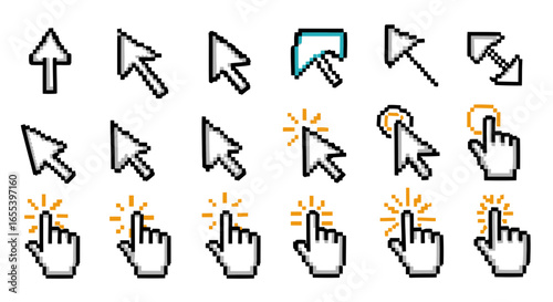 Diverse set of pixelated computer mouse cursor icons for web design needs