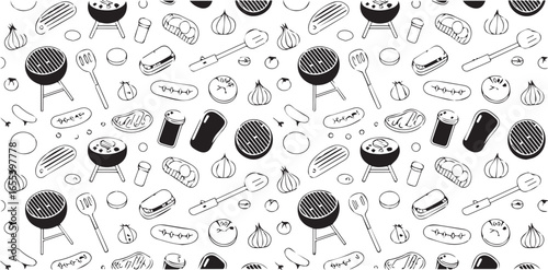 black and white seamless barbecue pattern vector ai eps jpeg png with grills steaks sausages vegetables utensils