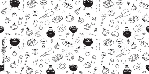 line drawn seamless barbecue vector ai eps jpeg png pattern with hotdogs steaks sausages tomatoes peppers onions garlic