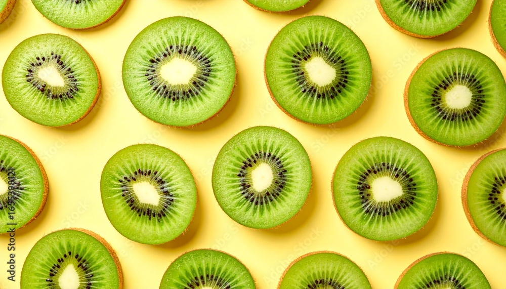 Fototapeta premium Vibrant kiwi slices arranged beautifully on a bright yellow background creating a fresh, healthy food pattern.