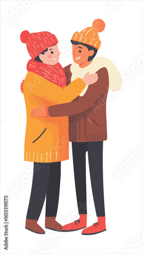 Two people embracing warmly in winter attire