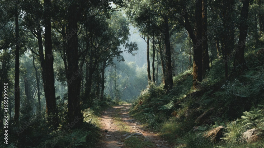 Obraz premium Enchanting forest path illuminated by ethereal light through the canopy