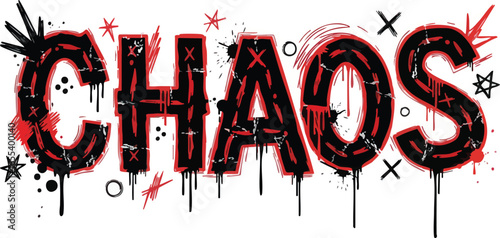The word "CHAOS" in stylized, dripping letters with red and black accents, surrounded by abstract shapes and splatters.
