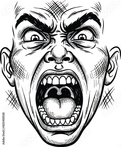 An intense, close-up drawing of a man's face, contorted in anger, screaming with mouth wide open, showing teeth and tongue, with furrowed brow and intense eyes.