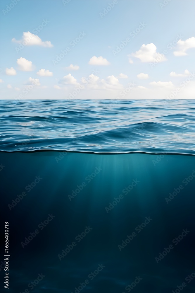 Obraz premium A serene view of the ocean with gentle waves under a partly cloudy sky, showcasing the beauty of the sea and the transition from surface to underwater