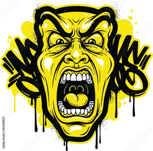 Vibrant yellow and black illustration depicting an intensely angry, screaming face with a stylized urban graffiti background.