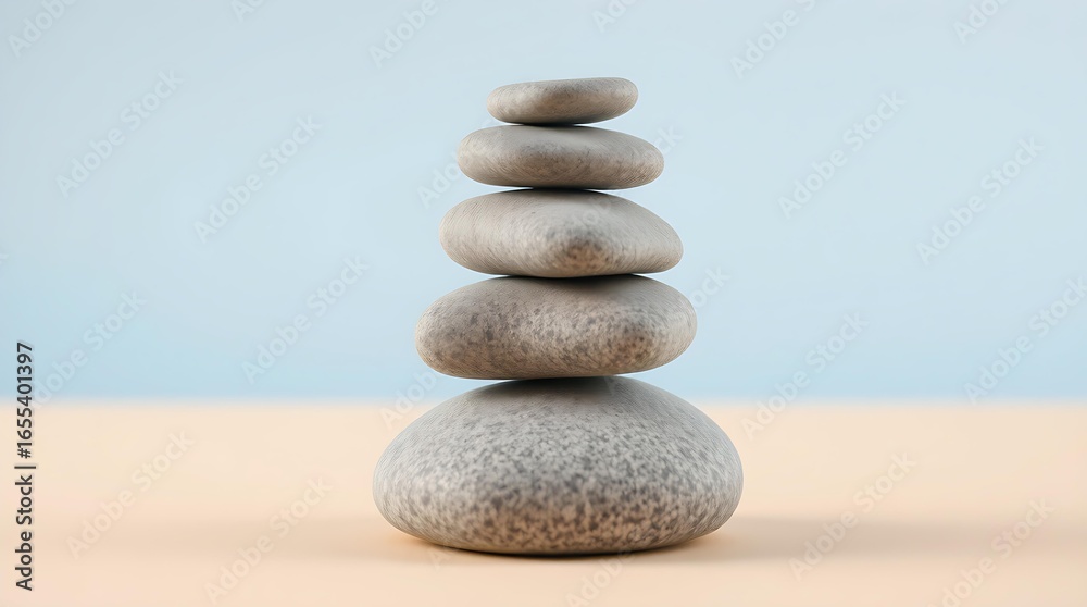 Obraz premium Balanced stack of smooth grey stones arranged in harmony against a soft pastel gradient background, minimal zen-inspired composition symbolizing peace, relaxation, balance, and calm focus.