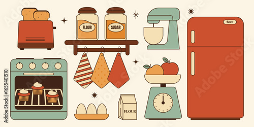 Retro kitchen baking cooking sticker set.Refrigerator, oven,mixer,toaster,jars of flour,sugar and more 50s style.Vector illustration for nostalgic cooking theme,home kitchen decor,recipe illustration