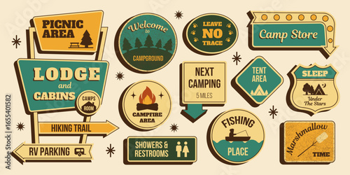 Retro sticker set. Camping signboards, lodge and cabins, fishing, hiking, campfire and more elements. Vector illustration in vintage midcentury 50s style for outdoor and travel designs