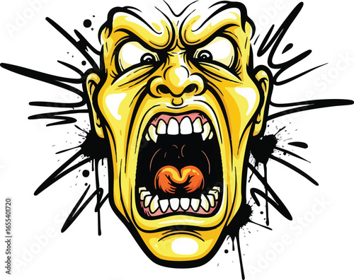 A furious, screaming yellow face with wide eyes, bared teeth, and an explosive black spray paint background, conveying intense anger and rage.