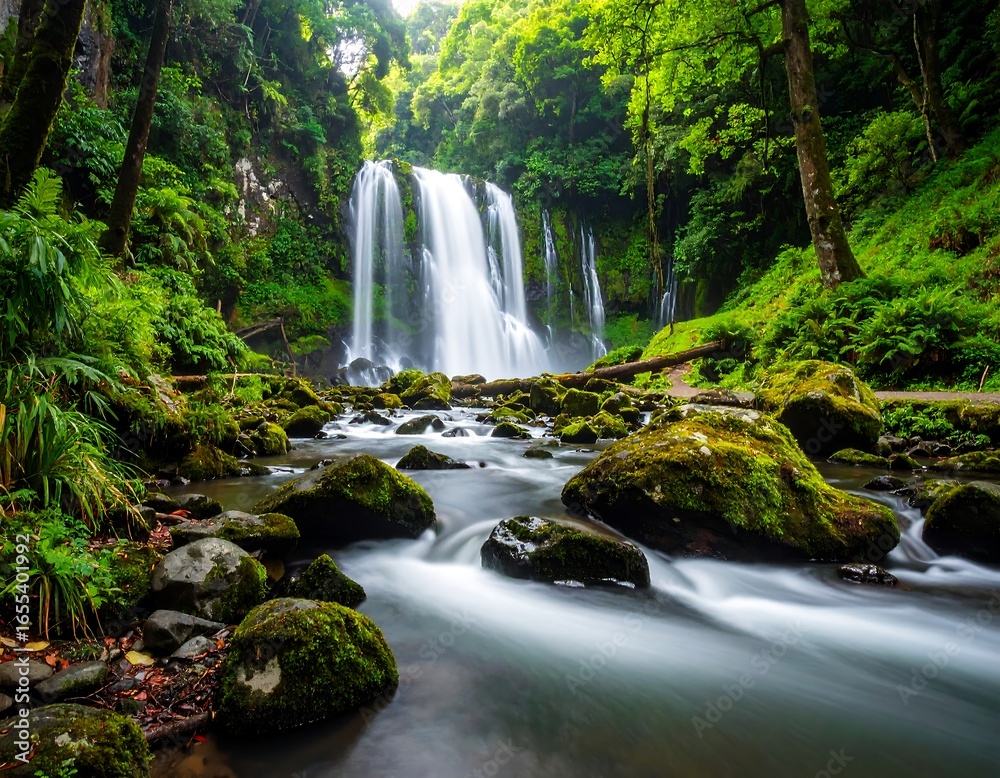 Fototapeta premium Lush waterfall cascading into a stream