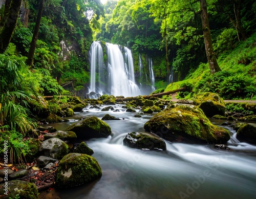 Lush waterfall cascading into a stream