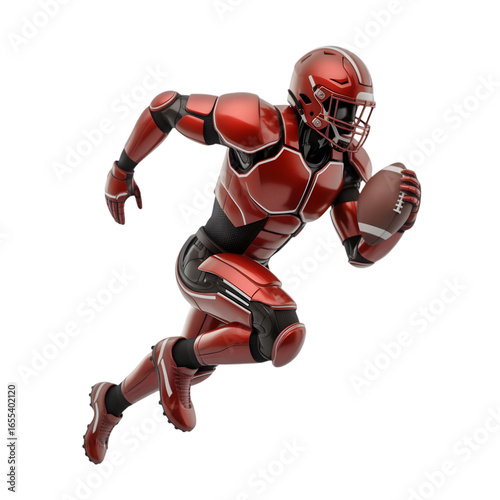 Futuristic robot athlete races with football, showcasing advanced technology and athletic power