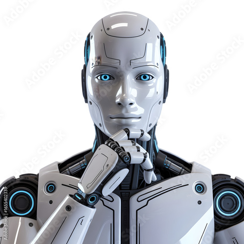 Futuristic humanoid robot contemplating a complex problem with intelligent blue eyes