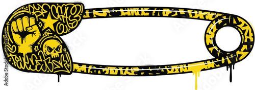 A stylized graphic of a safety pin, featuring a fist, skull, and star.