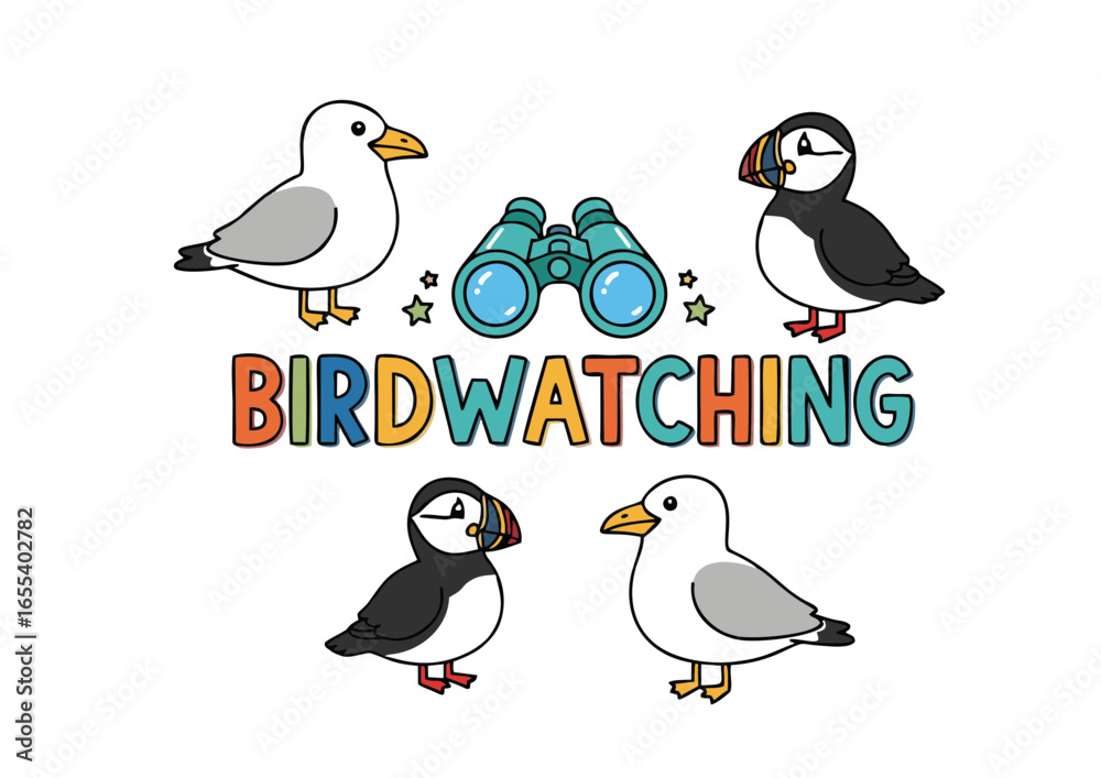 Fototapeta premium Cartoon Birds and Binoculars Illustration for Birdwatching and Nature Enthusiasts.