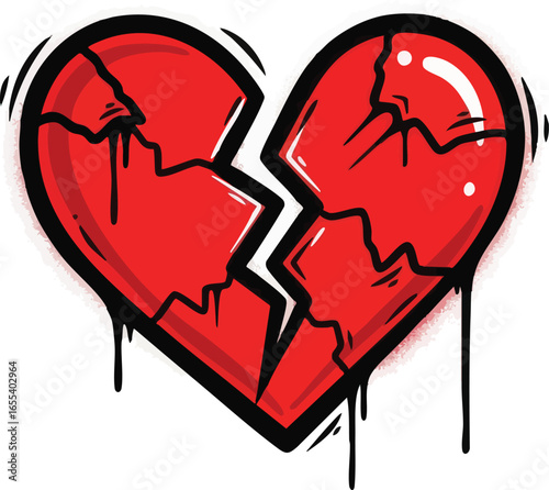 A graphic illustration of a broken red heart, symbolizing heartbreak and pain.