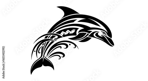 Elegant Black and White Tattoo Design of a Dolphin Leaping Through the Ocean Water