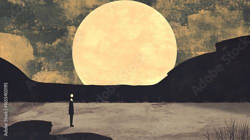 Abstract landscape with a solitary figure gazing at the giant moon