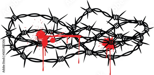 A graphic illustration of sharp barbed wire intertwined with vivid red blood splatters and dripping down.