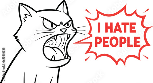 Angry cartoon cat shouting "I hate people" in a comic book style.