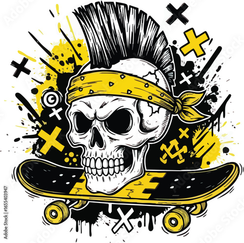Skull with a mohawk and bandana riding a skateboard, surrounded by abstract black and yellow splatters and crosses.