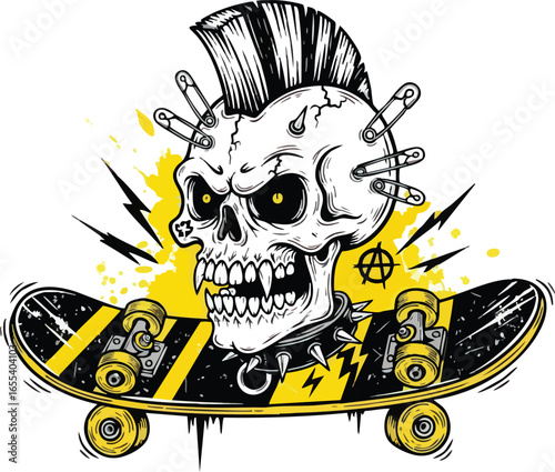 Skull with a mohawk and safety pins, wearing a spiked collar, on a skateboard with yellow lightning and a anarchy symbol.