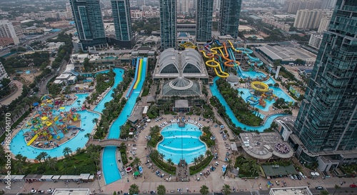 Aerial View of Yas Waterworld, Abu Dhabi, with Modern Skyscrapers and Vibrant Water Slides